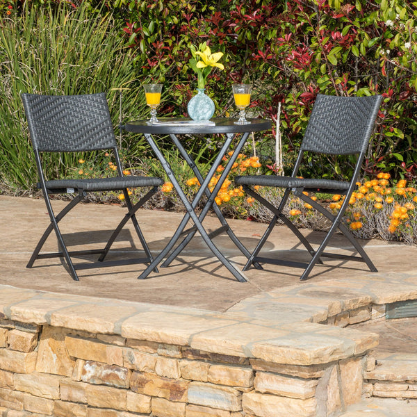 Outdoor 3-Piece Gray Wicker Folding Bistro Set With Aquatex Glass Top - NH807692