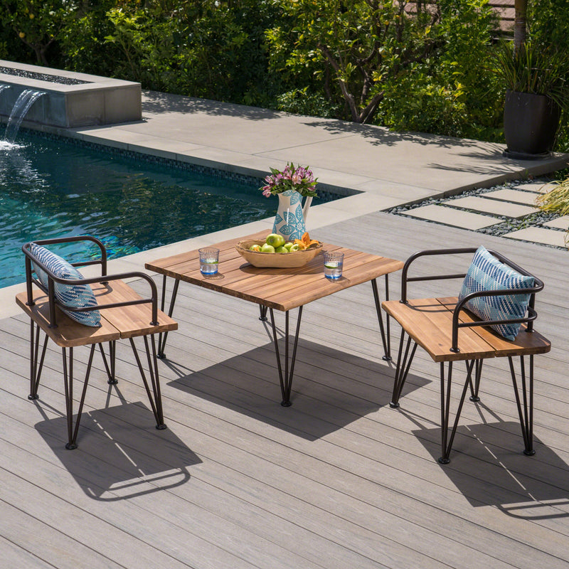 Outdoor Rustic Industrial Acacia Wood Coffee Table Chat Set with Metal Hairpin Legs, Teak - NH561403