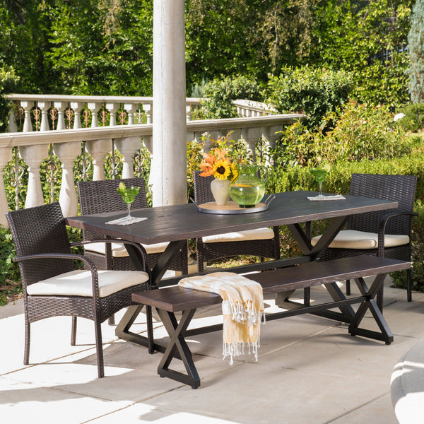 Outdoor 6 Piece Brown Aluminum Dining Set with Bench and Wicker Dining Chairs - NH494203