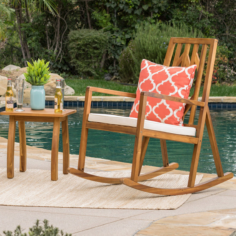 Outdoor Geometric Teak Acacia Wood Rocking Chair with Accent Table - NH652992