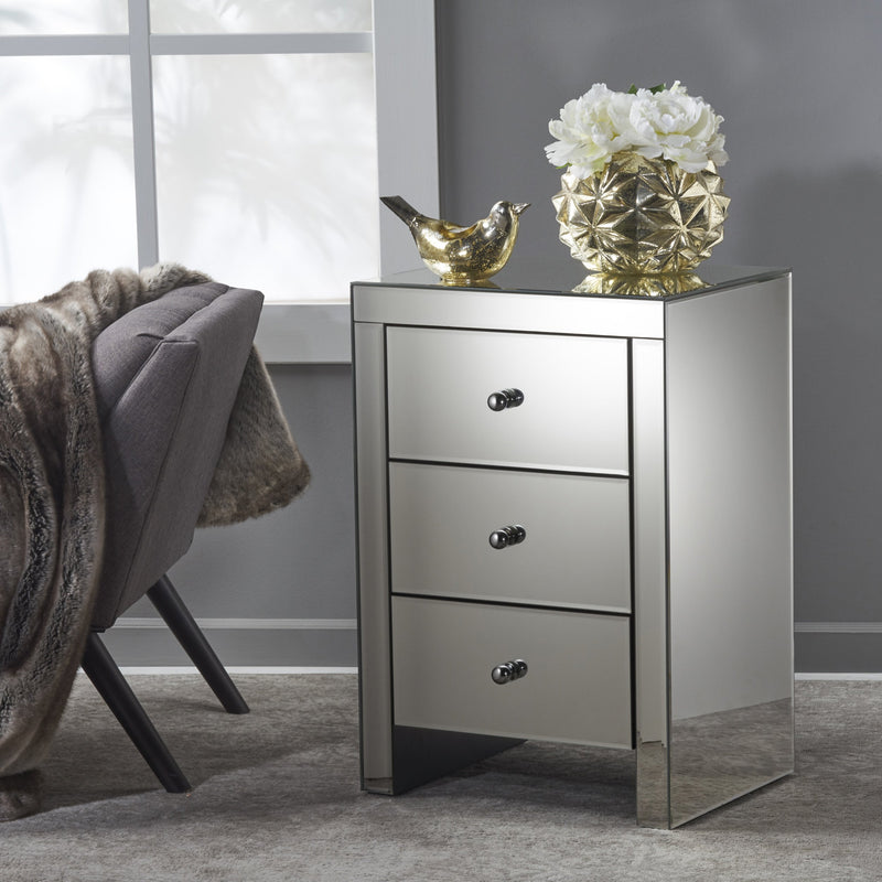 Classic Mirror Finished 3 Drawer Side Table - NH280203