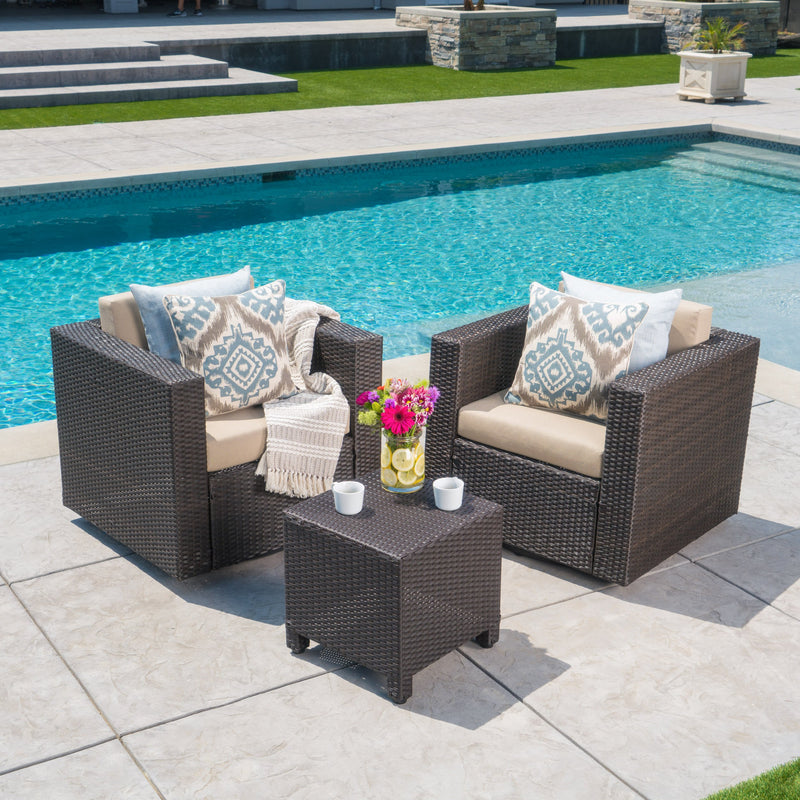 2-Seater Brown Wicker Outdoor Chat Set with Side Table - NH809103