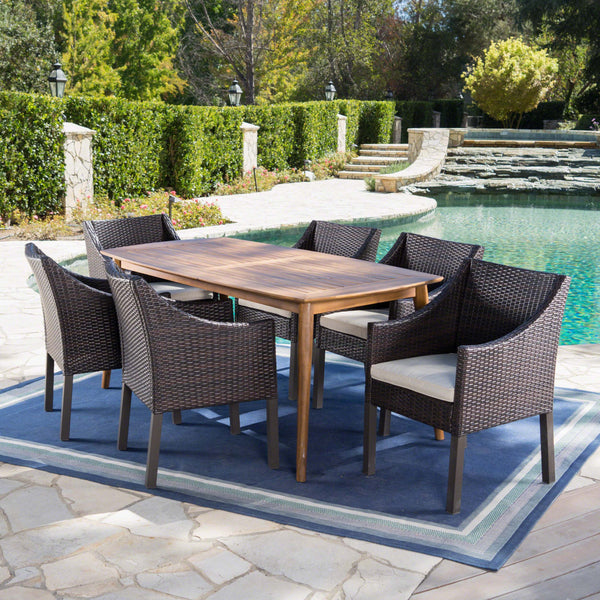 Outdoor 7 Piece Wicker Dining Set with Teak Finished Acacia Wood Table - NH133203