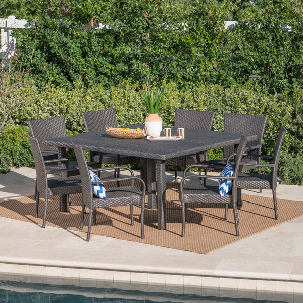 Outdoor 9 Piece Stacking Wicker Square Dining Set - NH919303