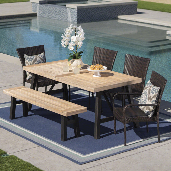 Outdoor 6 Piece Acacia Wood Dining Set with Wicker Stacking Chairs - NH787203