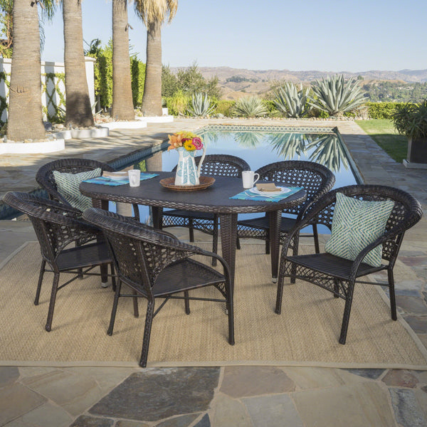 Outdoor 7 Piece Multi-brown Wicker Oval Dining Set with Stacking Chairs - NH356203
