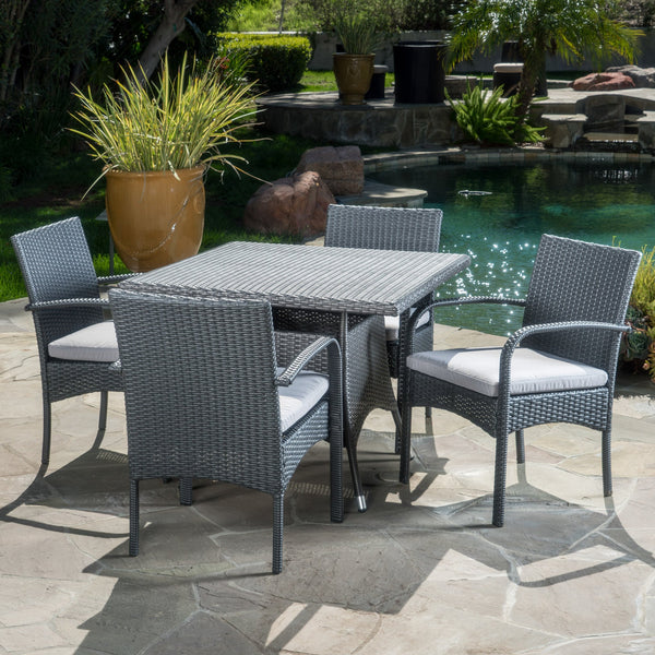 Outdoor 5 Piece Grey Wicker Dining Set with Cushions - NH702003
