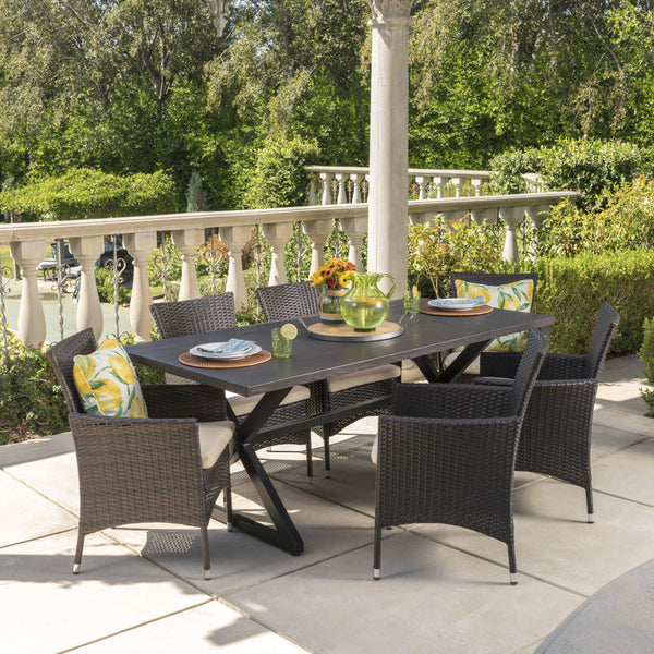 Outdoor 7 Piece Aluminum Dining Set with Wicker Dining Chairs - NH815203