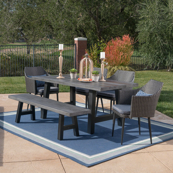 Outdoor 6 Piece Wicker Dining Set with Concrete Table and Bench - NH997303