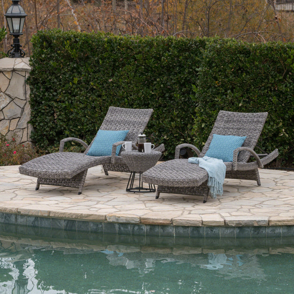 Outdoor 3 Piece Gray Wicker Armed Chaise Lounges with Side Table - NH284303