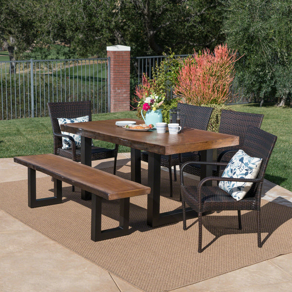 Outdoor 6 Piece Wicker Dining Set with Concrete Table and Bench - NH218303