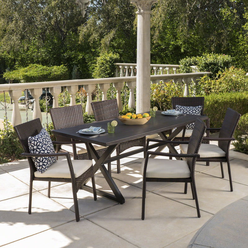 Outdoor 7 Piece Aluminum Dining Set with Wicker Dining Chairs - NH805203