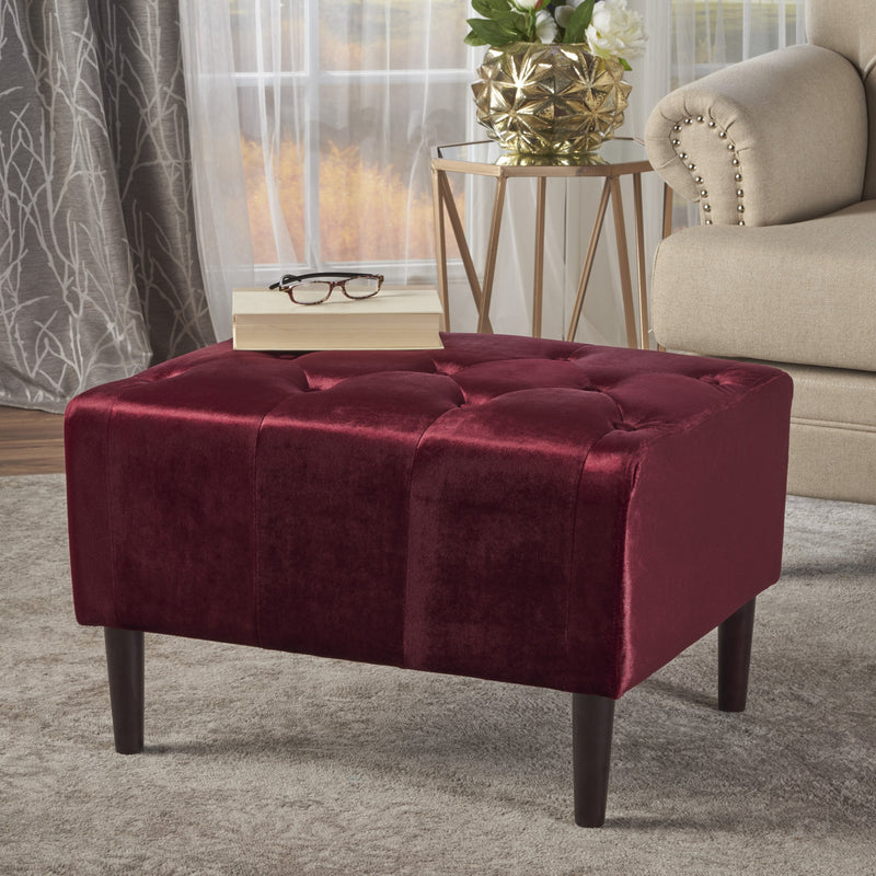 Modern Glam Button Tufted Diamond Stitch Velvet Ottoman With Tapered Legs - NH391203