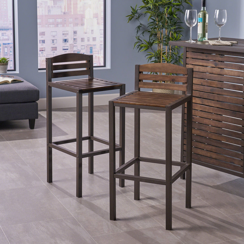 Indoor Acacia Barstools with Rustic Metal Finish Iron Frame (Set of 2) - NH879303