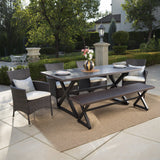 Outdoor 6 Piece Aluminum Dining Set with Bench and Wicker Dining Chairs - NH615203
