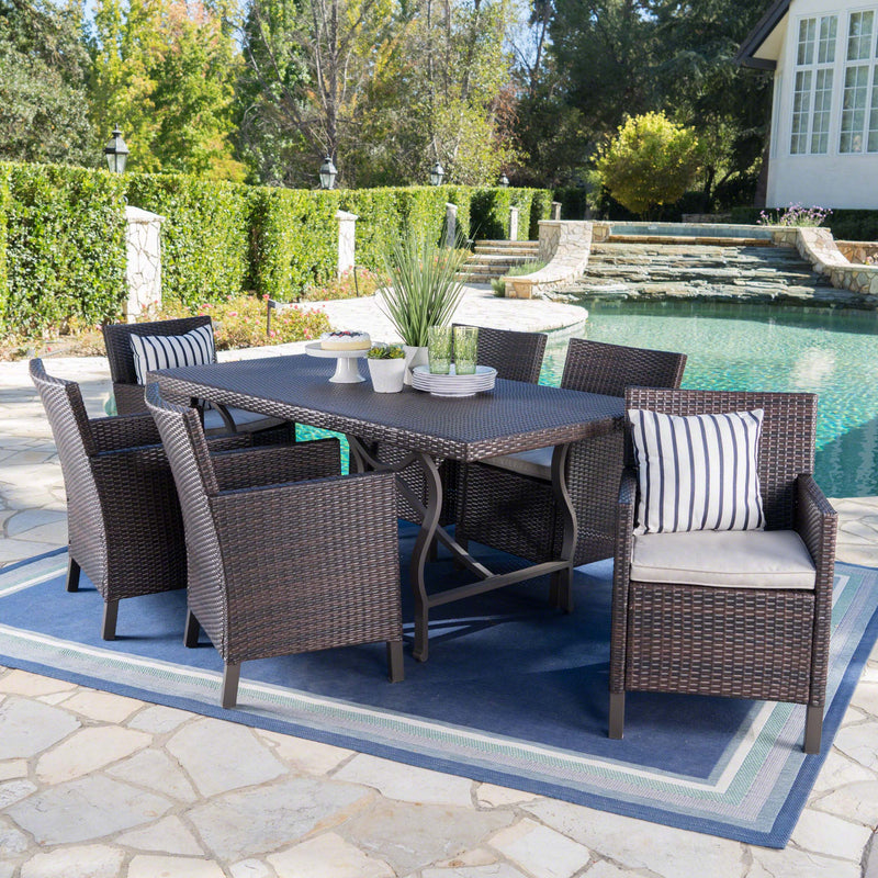 Outdoor 7 Piece Wicker Dining Set with Aluminum Framed Dining Table - NH253203