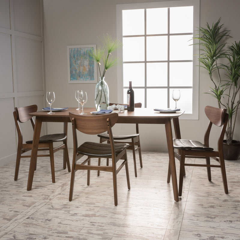 Dark Brown Leather Wood Finish 60-inch Rectangular 5 Piece Dining Set - NH882992