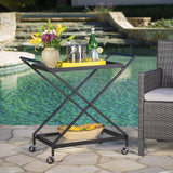 Outdoor Black Powder Coated Iron Bar Cart with Tempered Glass Shelves - NH745203