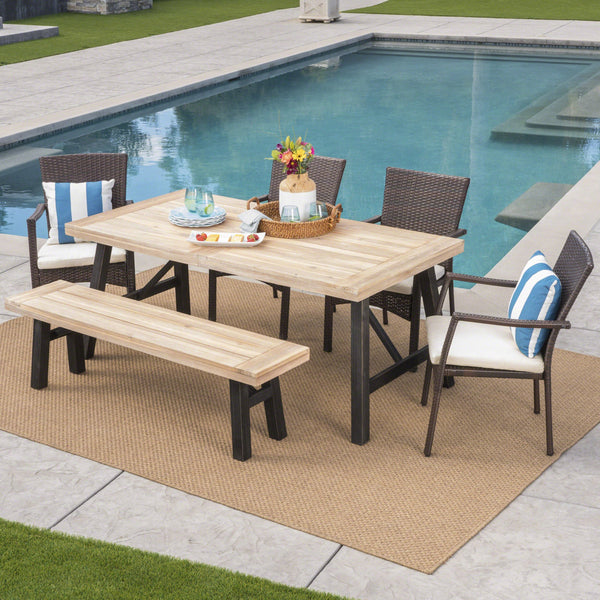 Outdoor 6 Piece Acacia Wood Dining Set with Wicker Dining Chairs - NH587203