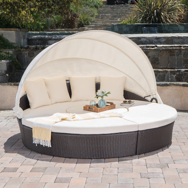 Outdoor Brown Wicker Canopy Daybed with an Ice Bucket - NH071832