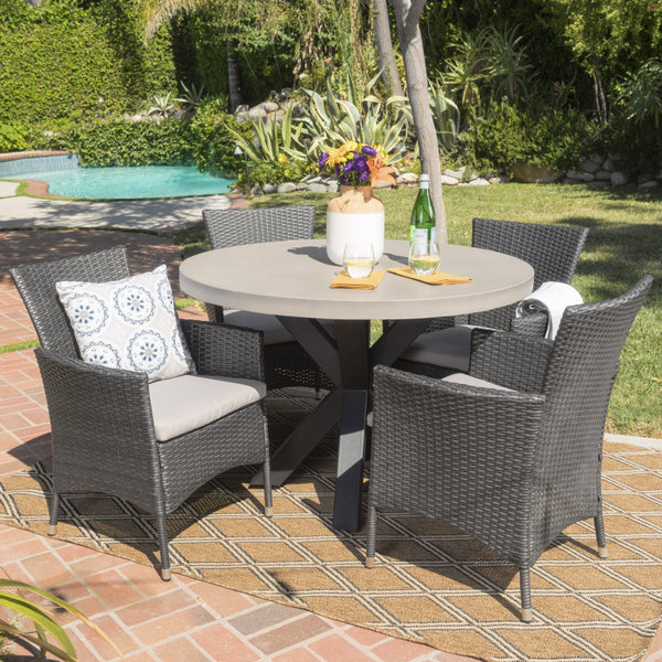 Outdoor Transitional 5 Piece Wicker Dining Set with Lightweight Concrete Table - NH783103