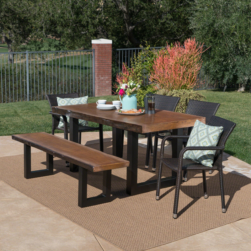 Outdoor 6 Piece Wicker Dining Set with Light Weight Concrete Table and Bench - NH118303
