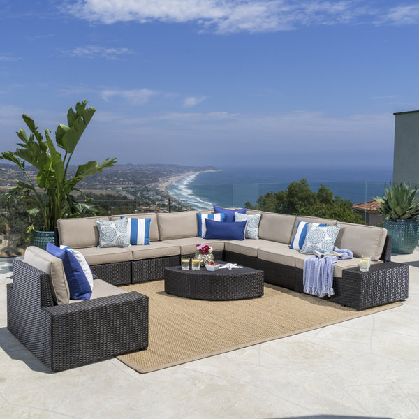 Outdoor 9 Piece Wicker Sectional with Beige Water Resistant Cushions - NH767103