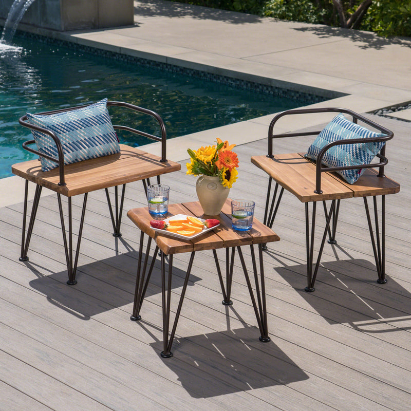 Outdoor Rustic Industrial Acacia Wood End Table Chat with Metal Hairpin Legs, Teak - NH461403