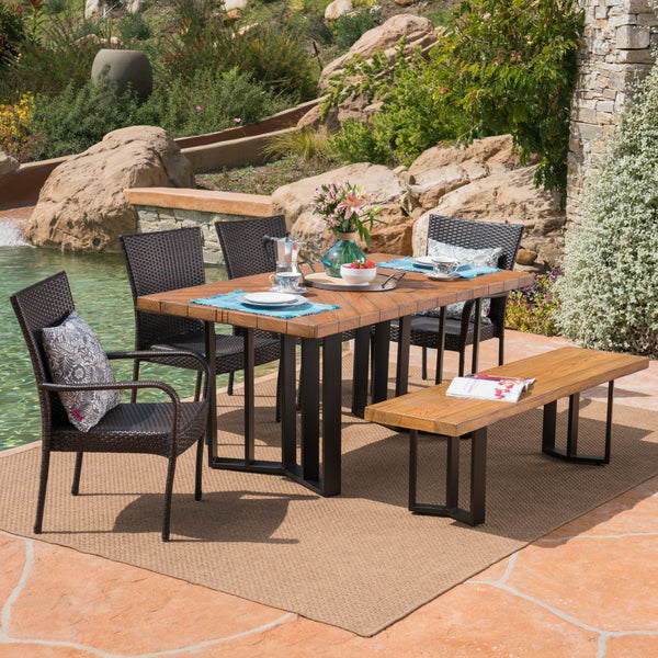 Outdoor 6 Piece Wicker Dining Set with Concrete Dining Table and Bench - NH121403
