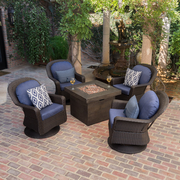 Outdoor 5 Piece Dark Brown Wicker Chair Fire Pit Chat Set - NH671203