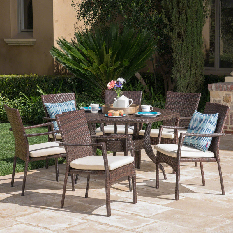 Outdoor 7 Piece Wicker Hexagon Dining Set with Brown Wicker Chairs - NH481403