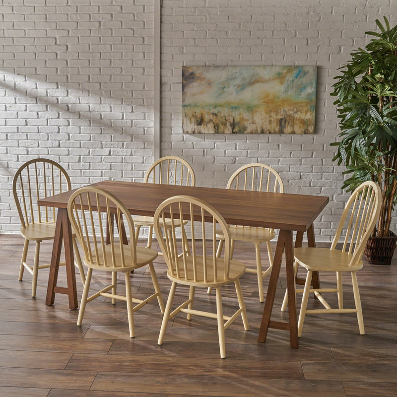 Farmhouse Cottage 7 Piece Faux Wood Dining Set with Rubberwood Chairs, Antique White - NH224203