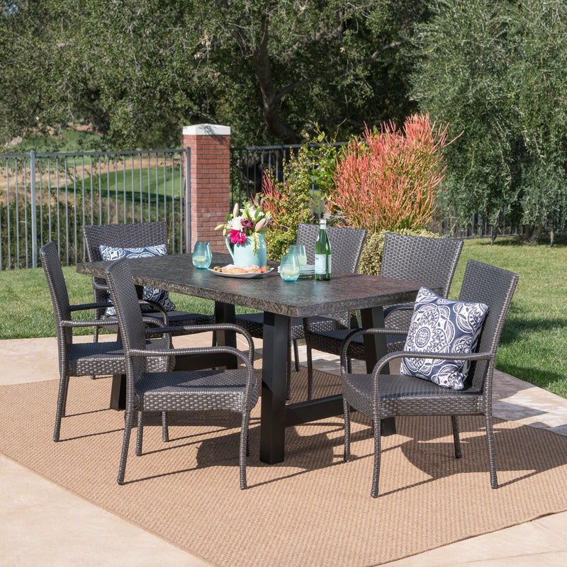 Outdoor 7 Piece Stacking Gray Wicker and Concrete Dining Set - NH339303