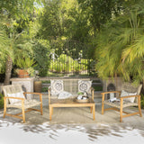 Outdoor 4 Piece Wicker Chat Set with Natural Stained Acacia Wood Frame - NH517103