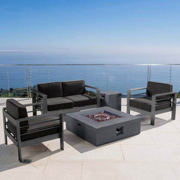 Outdoor Grey Aluminum 5 Piece Loveseat Chat Set with Fire Table - NH987103