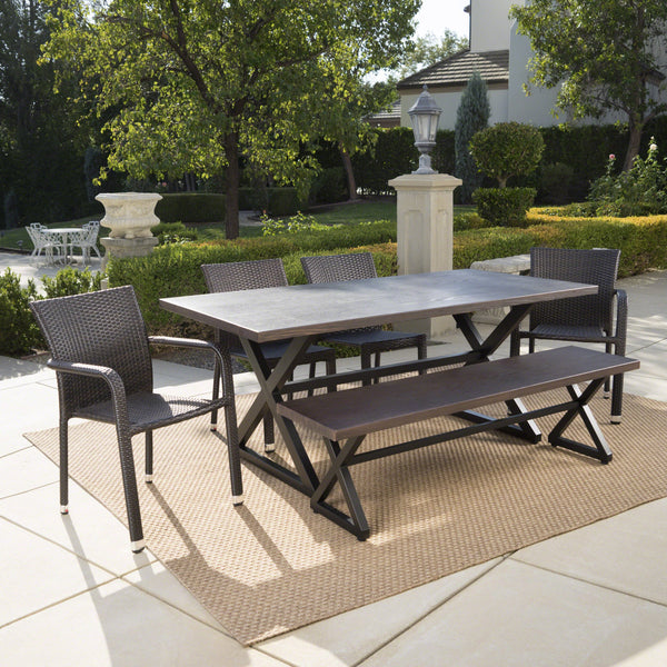 Outdoor 6 Piece Brown Aluminum Dining Set with Bench and Stacking Chairs - NH394203