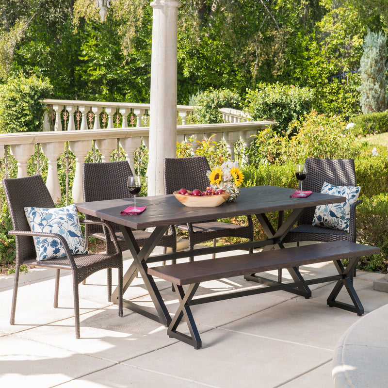 Outdoor 6 Piece Brown Aluminum Dining Set with Bench and Wicker Chairs - NH994203
