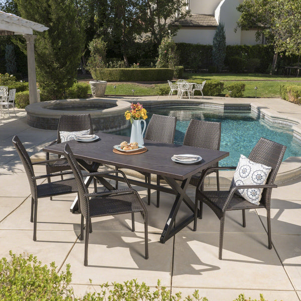 Outdoor 7 Piece Multi-brown Wicker Dining Set with Brown Aluminum Table - NH605203