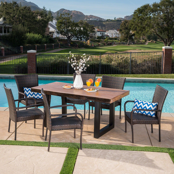 Outdoor 7 Piece Stacking Multi-brown Wicker and Concrete Dining Set - NH808303