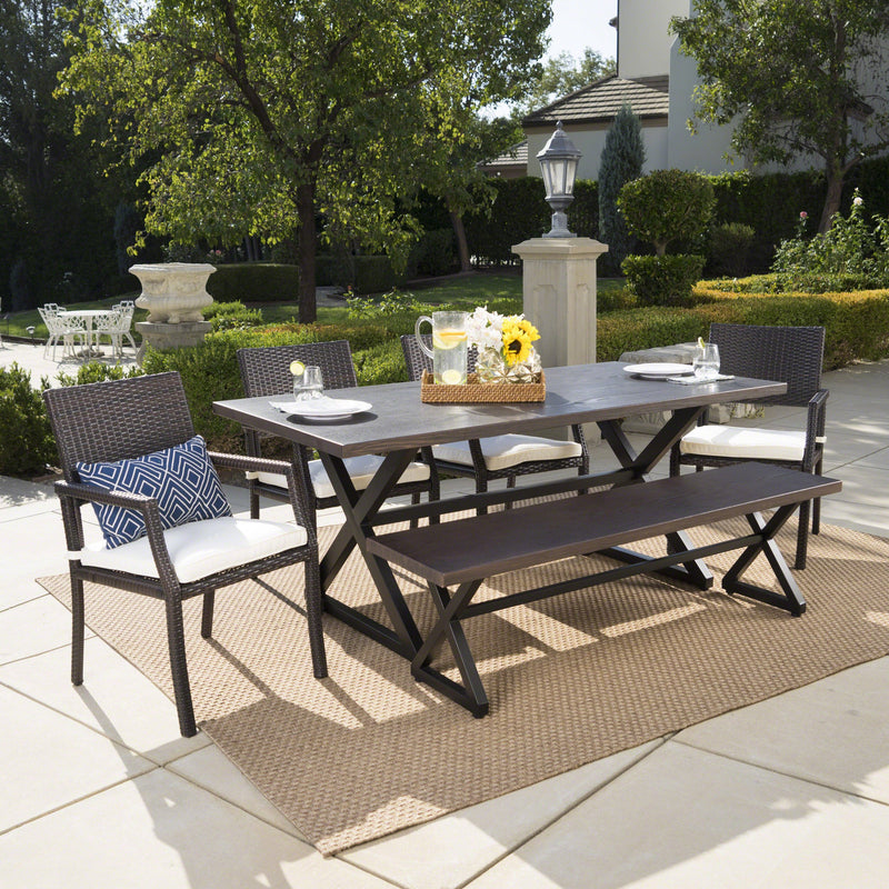 Outdoor 6 Piece Aluminum Dining Set with Bench and Wicker Dining Chairs - NH894203