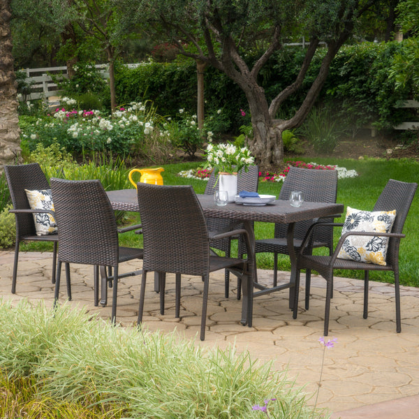 Outdoor Transitional 7-Piece Multi-Brown Wicker Dining Set with Arm Chairs - NH055003
