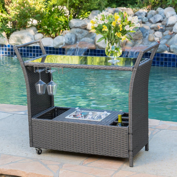 Outdoor Wicker Serving Bar Cart - NH308592