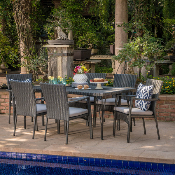 Outdoor 7 Piece Wicker Rectangular Dining Set with Water Resistant Cushions - NH181203