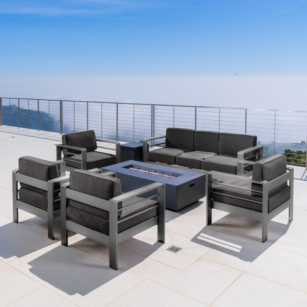 Outdoor Gray Aluminum 7 Piece Sofa Chat Set with Fire Table - NH587103
