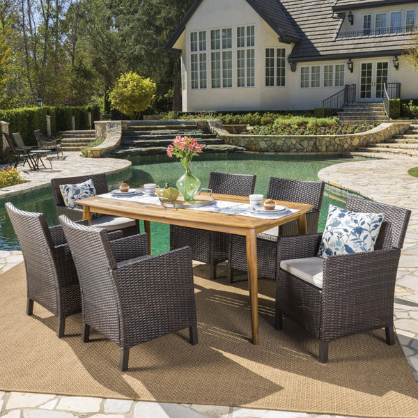Outdoor 7 Piece Wicker Dining Set with Acacia Wood Table - NH153203
