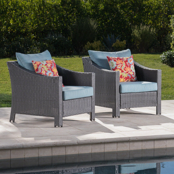 Outdoor Gray Wicker Club Chairs with Teal Water Resistant Cushions (Set of 2) - NH733303