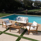 Outdoor 4 Seat Teak Finished Acacia Wood Chat Set with Water Resistant Cushions - NH927303