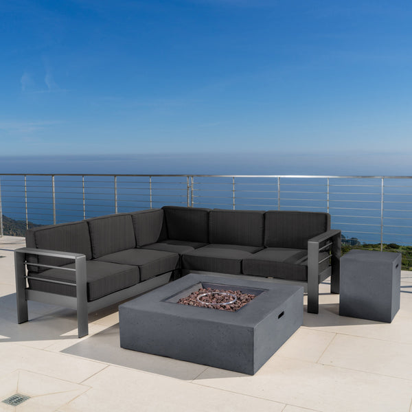 Outdoor Grey Aluminum 5 Piece V-Shape Sectional Sofa Set with Fire Table - NH508103