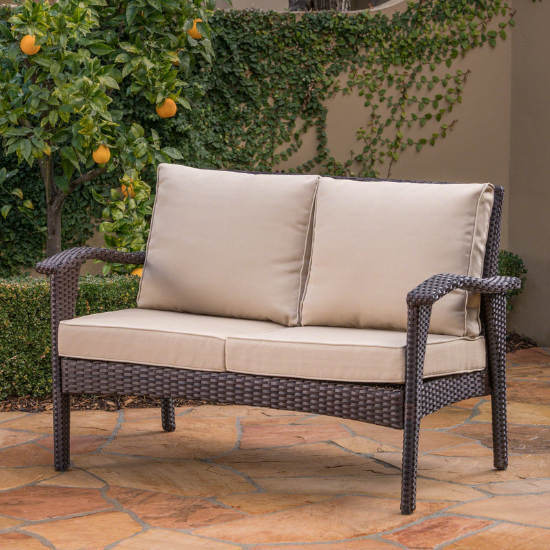Outdoor Brown Wicker Loveseat with Water Resistant Cushions - NH289303