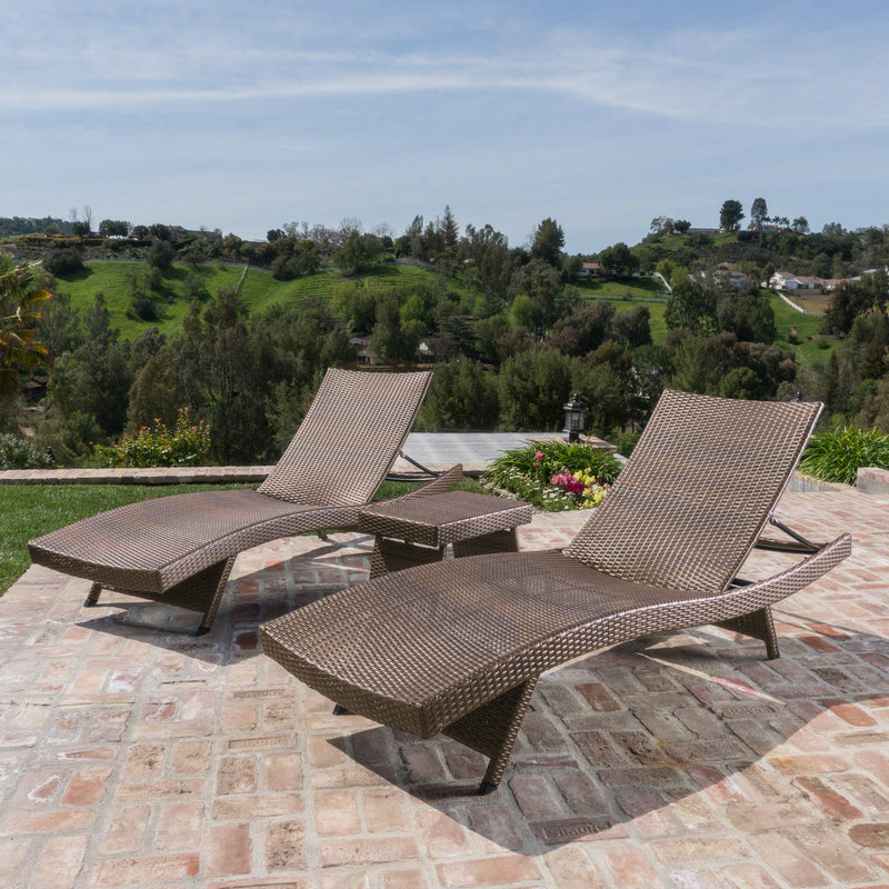 Outdoor 3 Piece Mixed Mocha Wicker Armless Chaise Lounge and Table Set - NH066203